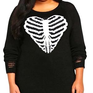 Torrid Black Heart Rib Cage Skeleton Shredded Tunic Sweater Size 2